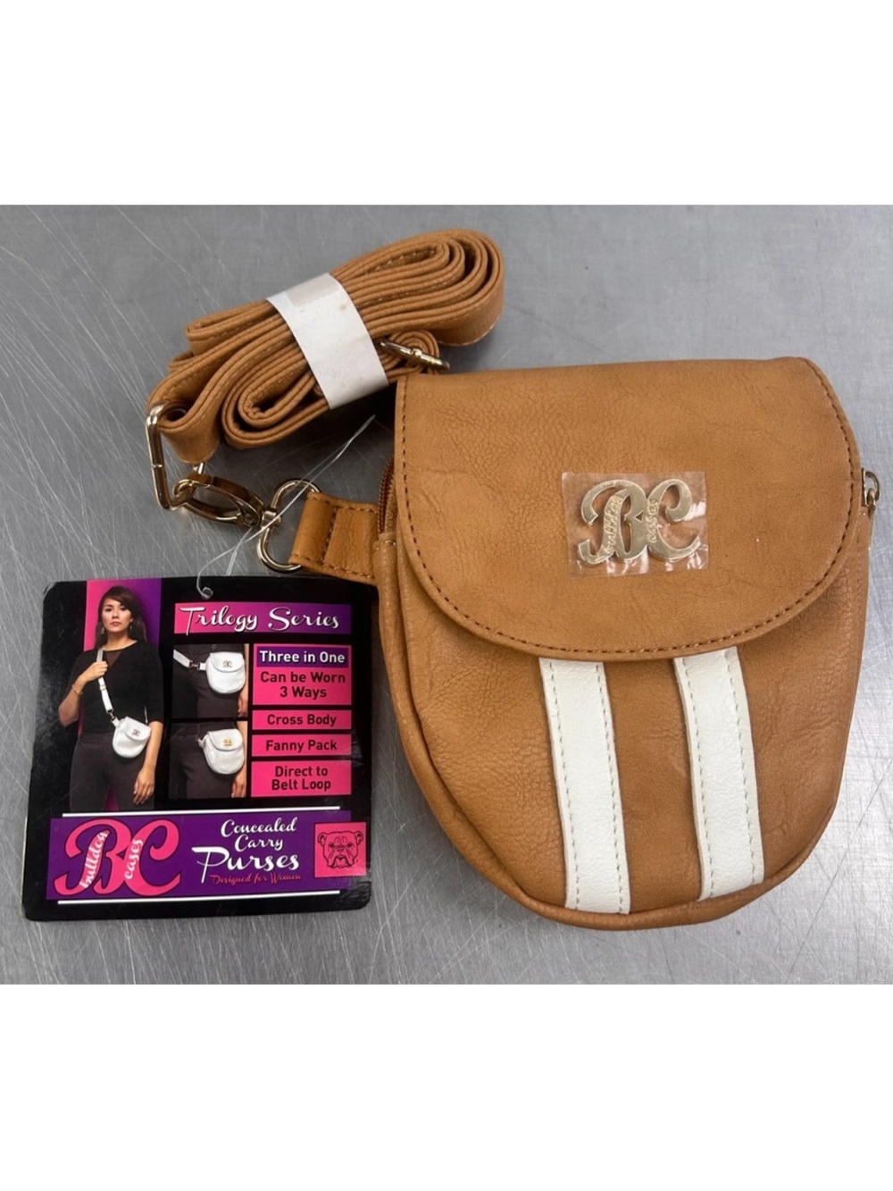 Bulldog Trilogy Series Tan Shoulder & Crossbody Bag with White Stripes Concealed